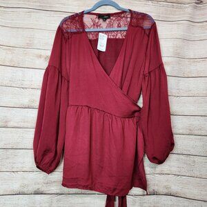 NWT Suzanne Betro Top Womens Large Burgundy Balloon Sleeve Lace Yoke Wrap Blouse